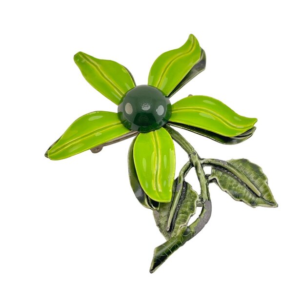 Flower Power 1970s Pin Brooch Vintage Enamel Green 3 inch - Picture 1 of 5